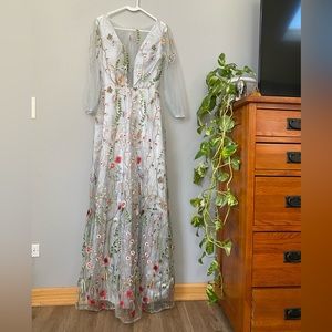 Tulle Colorful Floral Embroidery Whimsical Maxi Evening Dress .Formal dress .